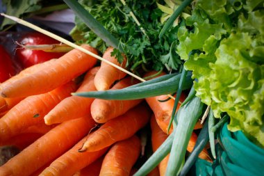 Canlı renkte taze organik sebzeler: yerel bir çiftçi pazarında havuç, marul, maydanoz ve yeşil soğan. Doğal gıdanın, tazeliğin ve sağlıklı yaşamın sembolü..