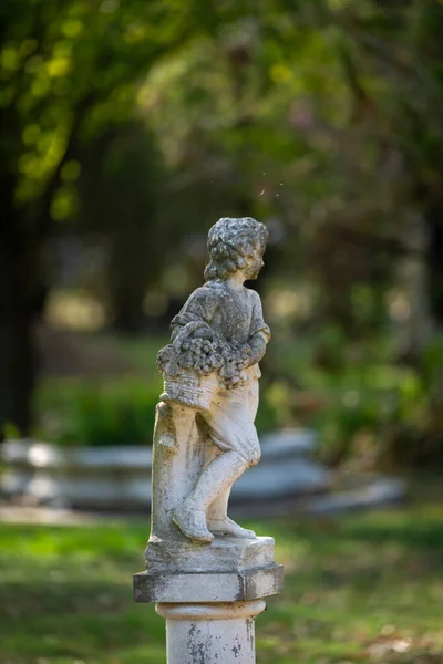 Üzüm tutan bir çocuğun eski bir bahçe heykeli öğleden sonra ışıklarının altında duruyor. Arjantin kırsalında taş, zaman ve doğa arasında sessiz bir diyalog..