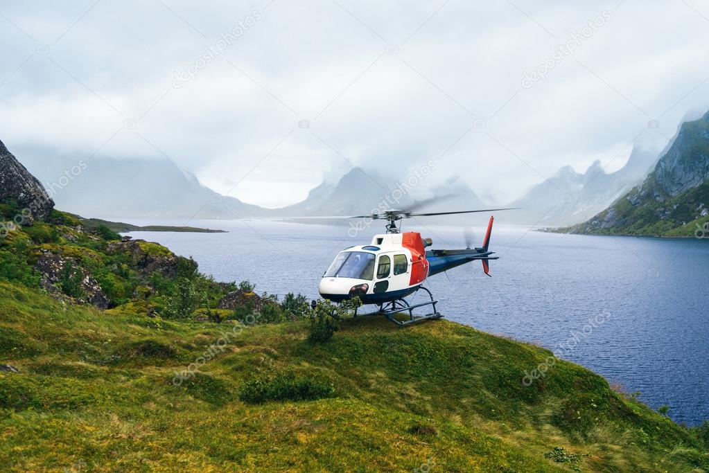 helicopter in the mountains. Lofotens, Norway