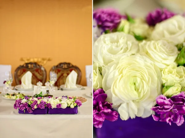 Schöne Blumenkomposition auf dem Hochzeitstisch — Stockfoto