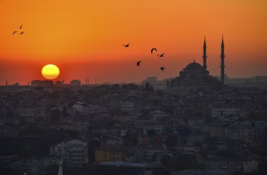 Gün batımında mavi Camii ve Ayasofya Istanbul'da