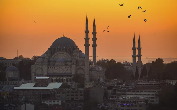 Günbatımı Istanbul silueti ve balıkçı teknesi — Stok fotoğraf