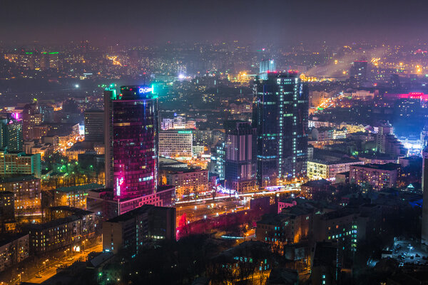 Night business center in Kiev, Ukraine. Aerial view of Kiev, 15 January 2014