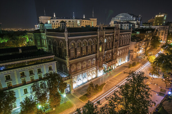 Panoramic view facade of National central bank in governmental district Kyiv Ukraine built Venetian Renaissance style by architect Kobelev