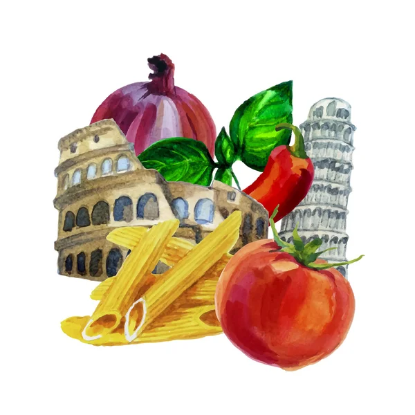 Conjunto de aquarela italiana. Coliseu. Torre Pisa. Macarrão ingridient . — Vetor de Stock