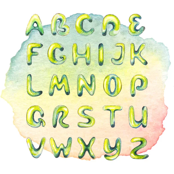 Watercolor hand drawn alphabet on watercolor multicolored spot — Stock Photo, Image