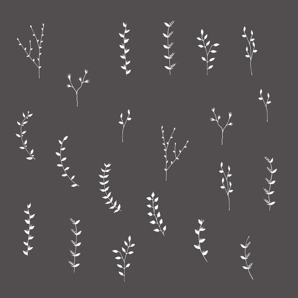 Hand-drawn silhouettes branches graphic design elements set