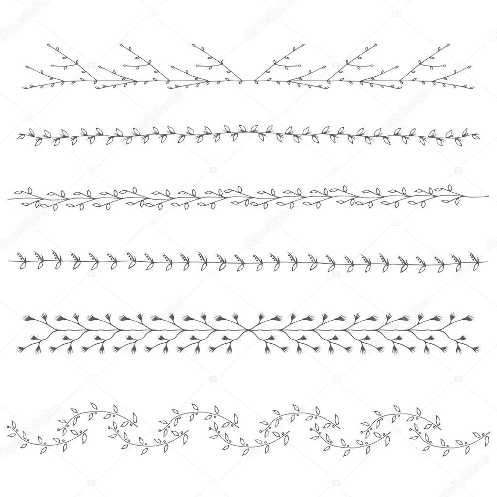 Hand-drawn borders branches graphic design elements set