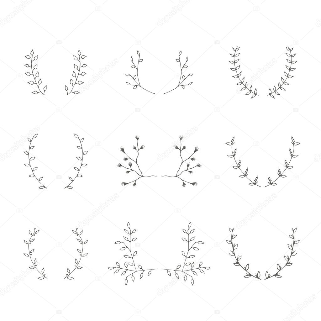 Hand-drawn branches brackets graphic design elements set