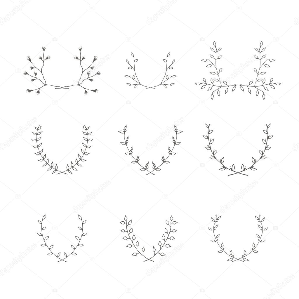 Hand-drawn branches brackets graphic design elements set