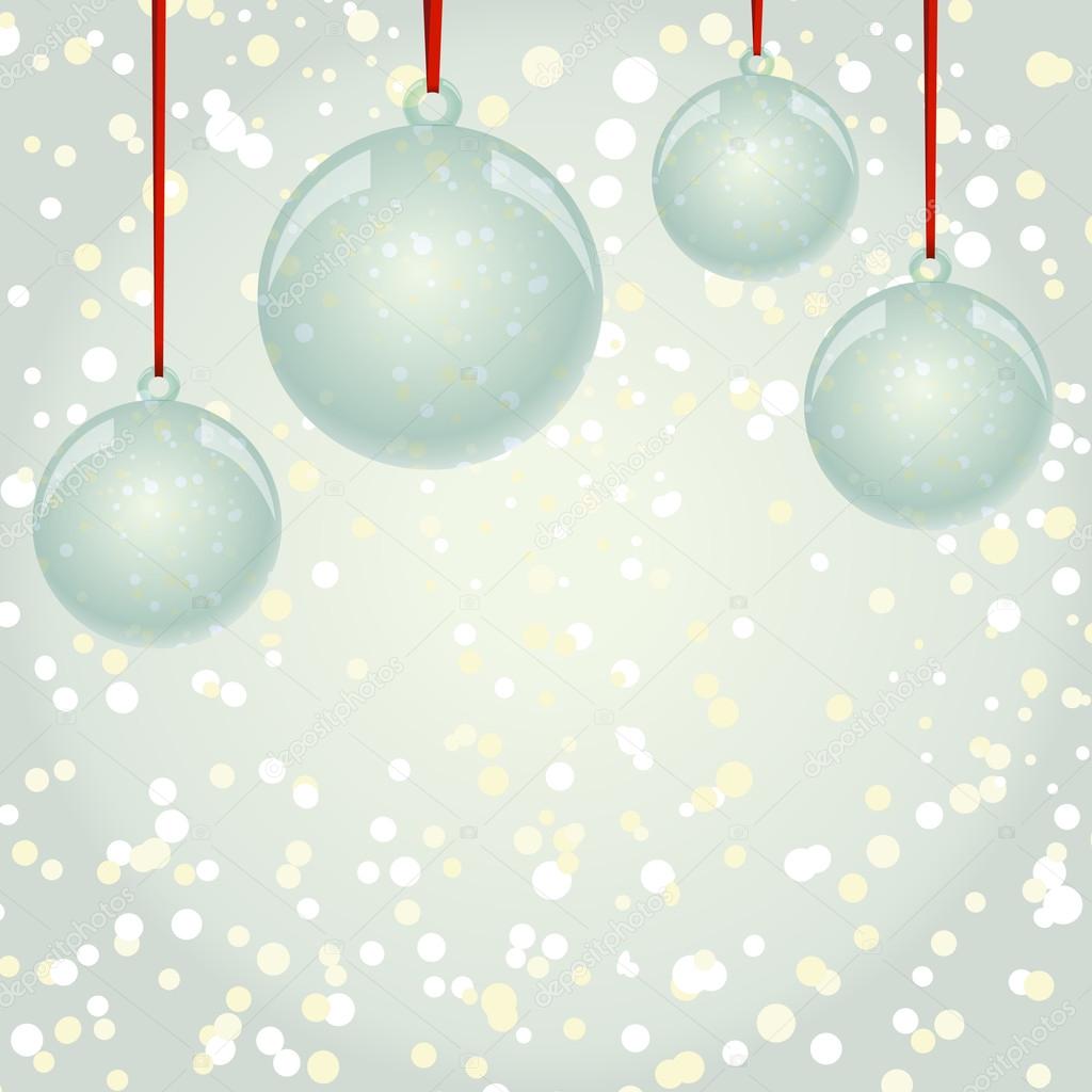 Christmas NewYear balls with ribbon hanging on snowflakes backgr