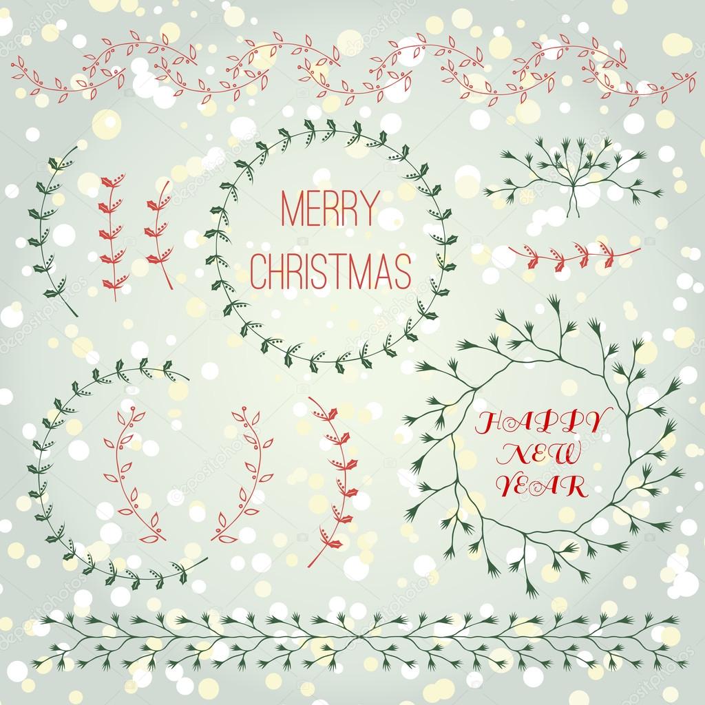 Christmas collection hand drawn branches design elements set