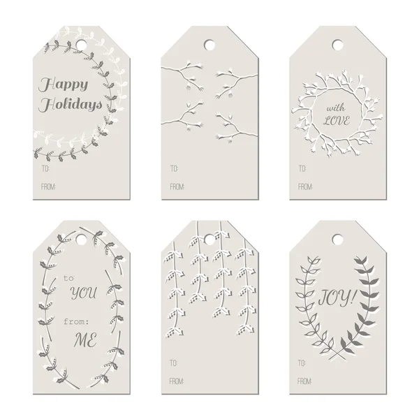 Christmas New Year Holidays gift tags with hand drawn branches — Stock Vector