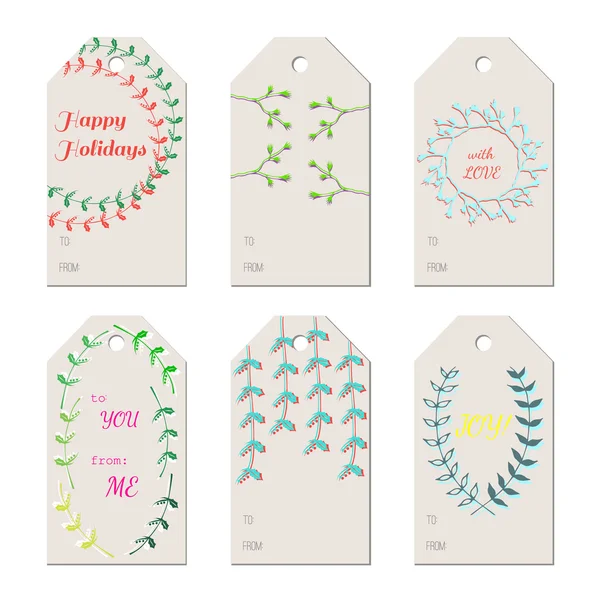 Christmas New Year Holidays gift tags with hand drawn branches — Stock Vector