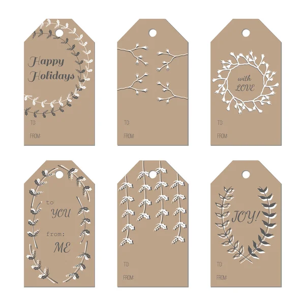 Christmas New Year Holidays gift tags with hand drawn branches — Stock Vector