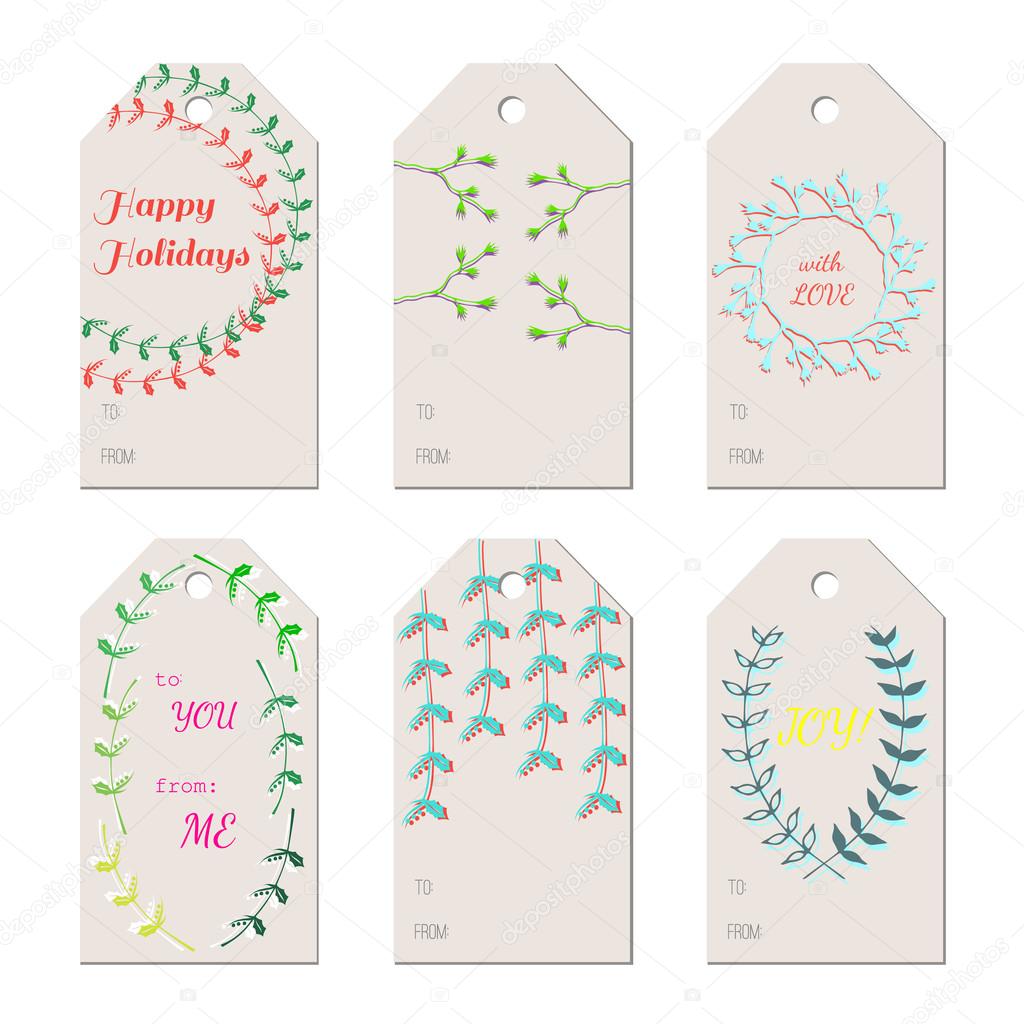 Christmas New Year Holidays gift tags with hand drawn branches