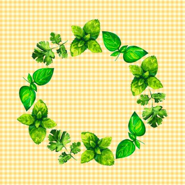 Sulu Boya resimde ot çelenk vichy desen arka plan üzerinde