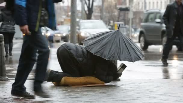 Mendicante senzatetto con ombrello sotto la pioggia — Video Stock