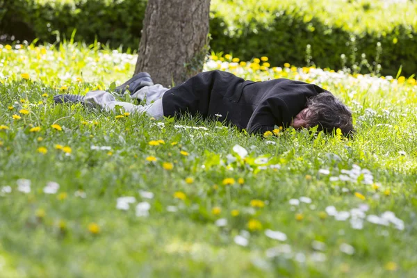 Homeless sleeping in the grass — Stock Photo, Image