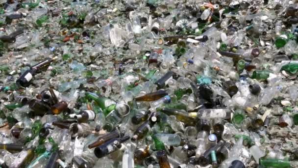 Déchets de verre dans une installation de recyclage. Une pile de bouteilles. Zoom arrière . — Video