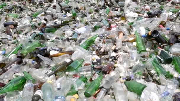 Residuos de vidrio en instalaciones de reciclaje. Montón de botellas. Pan. — Vídeos de Stock