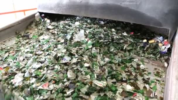 Limbah kaca di fasilitas daur ulang. Partikel kaca dalam mesin — Stok Video