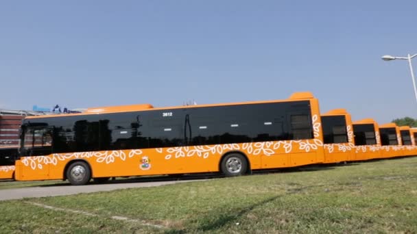 Sofía, Bulgaria - 31 de agosto de 2016: Nuevos autobuses modernos para el transporte público se muestran en fila en un estacionamiento. Panorama . — Vídeo de stock