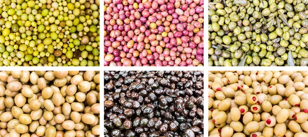 Fotocollage aus verschiedenen Oliven — Stockfoto