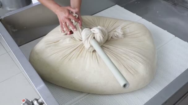 Trabalhador de queijo mãos cremoso laticínios passos finais — Vídeo de Stock