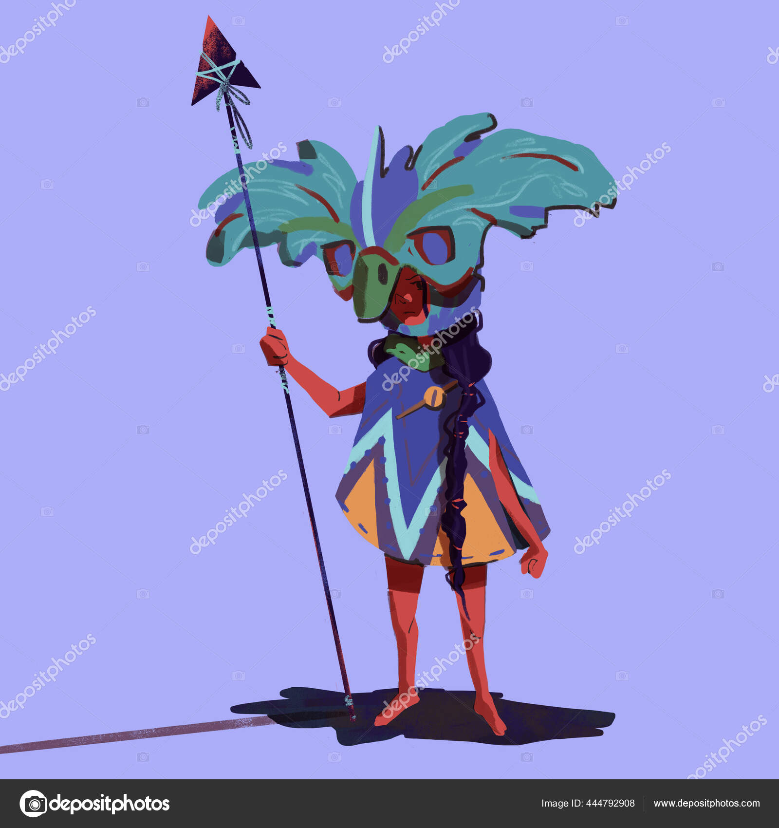 Personagem asteca em vestido tradicional brilhante com ornamentos e uma  cobertura para a cabeça feita de penas, a imagem de um guerreiro asteca com  uma lança na mão Ilustração de ©Easygoing7 #444792908, image size:1600x1700