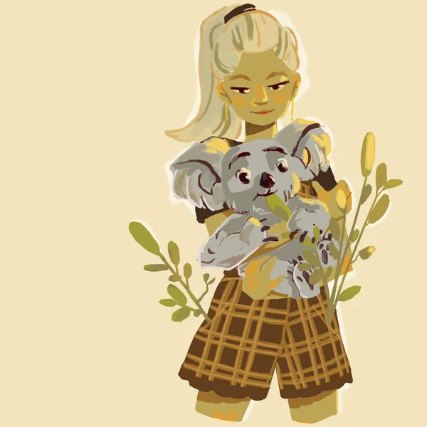 Character of a stylish young girl with long blond hair gathered in a high ponytail, in plaid shorts with eucalyptus branches sticking out of her pockets, a girl holding a fluffy koala in her hands — Stock Photo, Image