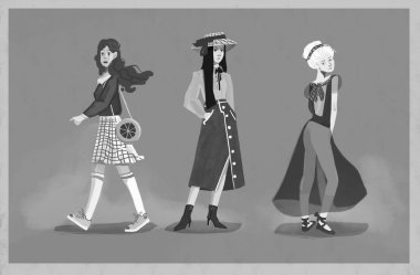 Farklı modada üç genç kız, gündelik, klasik ve büyüleyici, tek renkli illüstrasyon, çekici sarışın, kıvırcık saçlı genç, zarif retro bayan