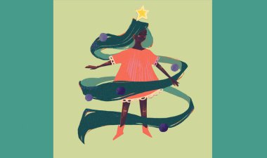 Kırmızı bir elbise ve kırmızı ayakkabılar içinde dönen bir Noel ağacının görüntüsü, kolları yanlara doğru açılır, uzun saçları spiral şeklinde kıvrılır, görsel olarak bir Noel ağacı silueti oluşturur.