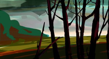 Fırtınadan sonra doğanın görüntüsü ön planda ağaç gövdelerinin siluetleri var, arka planda tepeler ve gökyüzü farklı renk tonlarıyla oynuyor.