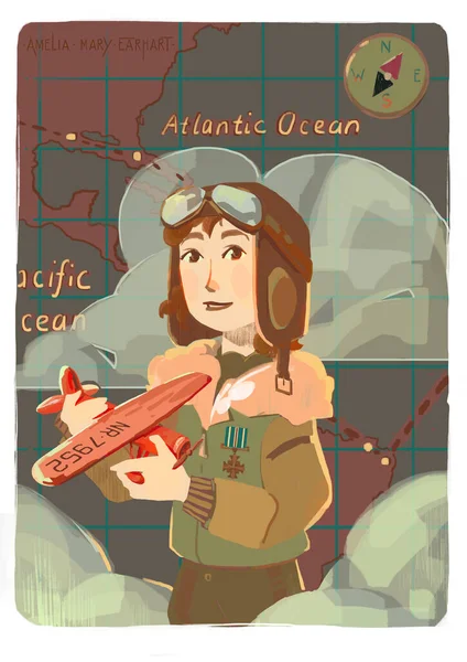 Ünlü Amerikalı Amelia Mary Earhart karakteri, Atlantik Okyanusu 'nu geçen ilk kadın pilot. Kadının elinde kırmızı bir uçak var. Karakter haritanın arka planında resmedilmiş.