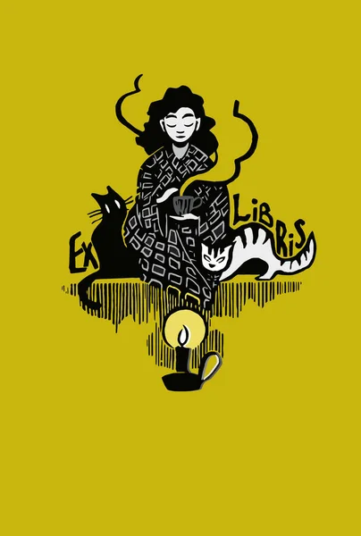 Book ex-libris, a girl wrapped in a blanket surrounded by cats sits with a cup of tea and rests, meditates, a candle is burning in front of her, the reflection repeats the silhouette of a girl