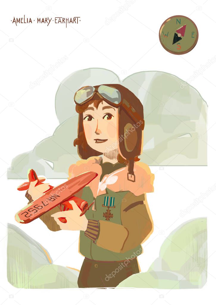 The character of the famous American woman Amelia Mary Earhart, the first female pilot to fly over the Atlantic Ocean. A woman holds a red plane in her hands