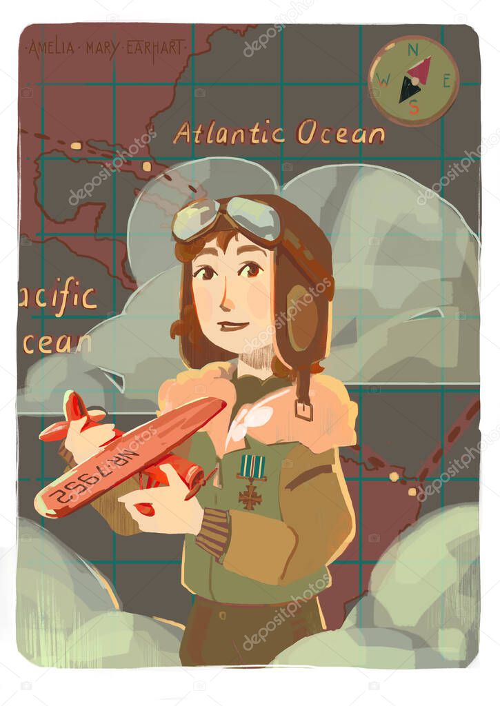 The character of the famous American Amelia Mary Earhart, the first female pilot to cross the Atlantic Ocean. The woman is holding a red plane, the character is depicted on the background of the map