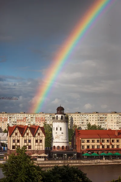 Rainbow over the Fishing Village, Kaliningrad — Stock Photo, Image