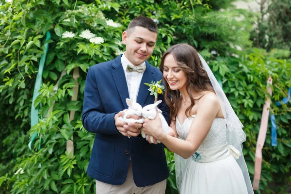 Весільна пара з двома маленькими кроликами — стокове фото