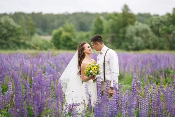 Happy wedding couple in lupin — Stock Photo, Image