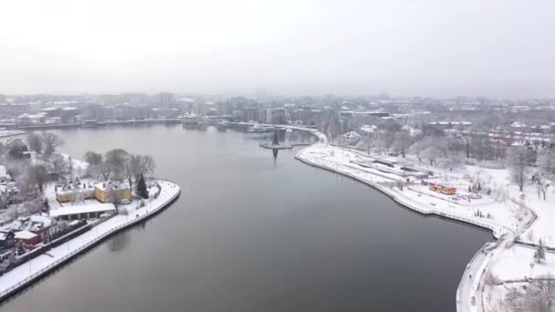 Kışın Yukarı Göl Deki Noel Ağacı Kaliningrad Rusya — Stok video