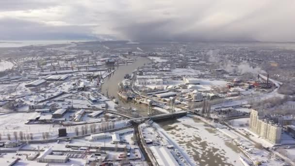 Antenn Tvåstegsbron Bakgrunden Kaliningrads Hamn Vintern — Stockvideo