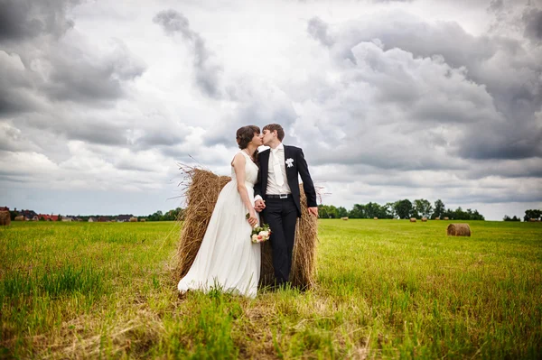 Bride and groom near hay — Stock Photo, Image
