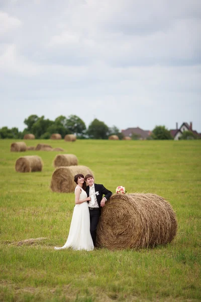 Bride and groom near hay — Stock Photo, Image