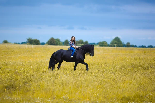 Menina bonita montando um cavalo no campo — Fotografia de Stock