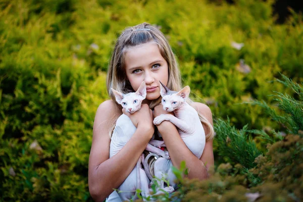 Girl and cats — Zdjęcie stockowe