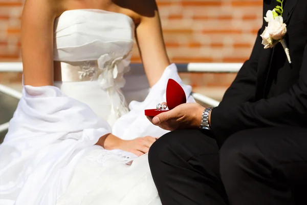 Anéis de casamento em mãos de noivo e noiva — Fotografia de Stock