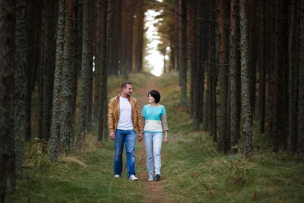 Happy couple in a pine forest — Stock Photo, Image