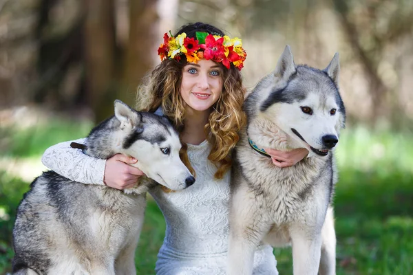 Husky a dívka — Stock fotografie